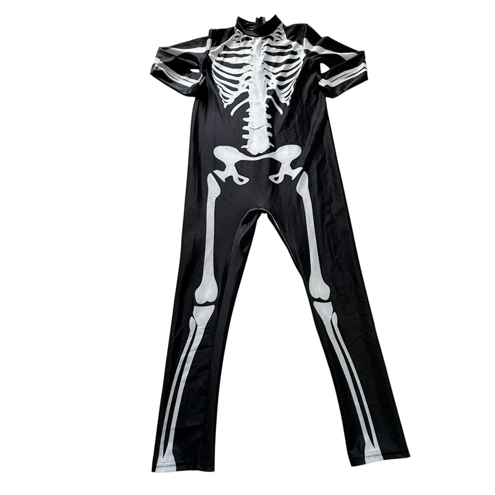 Skeleton Costume Jumpsuit Kids Large Black White Bone Print Zipped Halloween